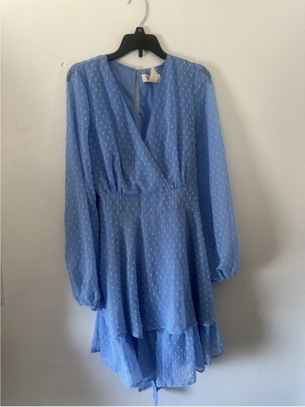 Jessica Simpson Light Blue Swiss-Dot Wrap Long Sleeve Dress